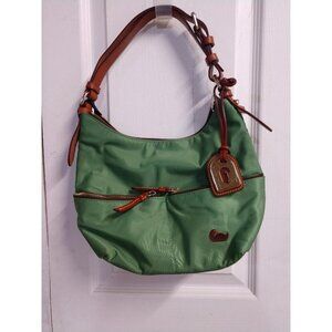NWT Dooney & Bourke Green Nylon Hobo Shoulder Bag W/ Brown Leather Trim & Zipper